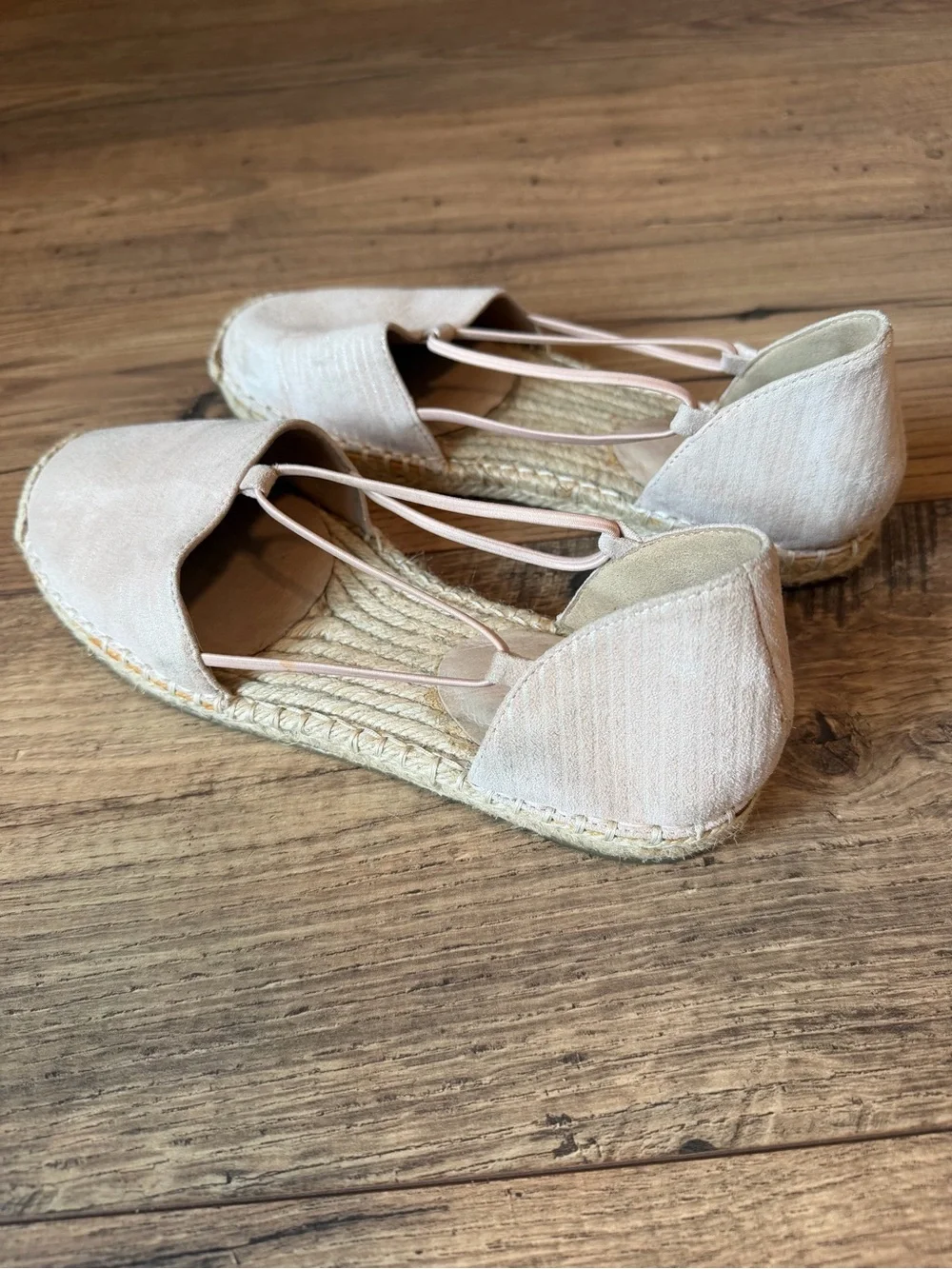 Eileen Fisher Blush Nude Suede Metallic stripe Espadrille Flats 7 strappy ballet